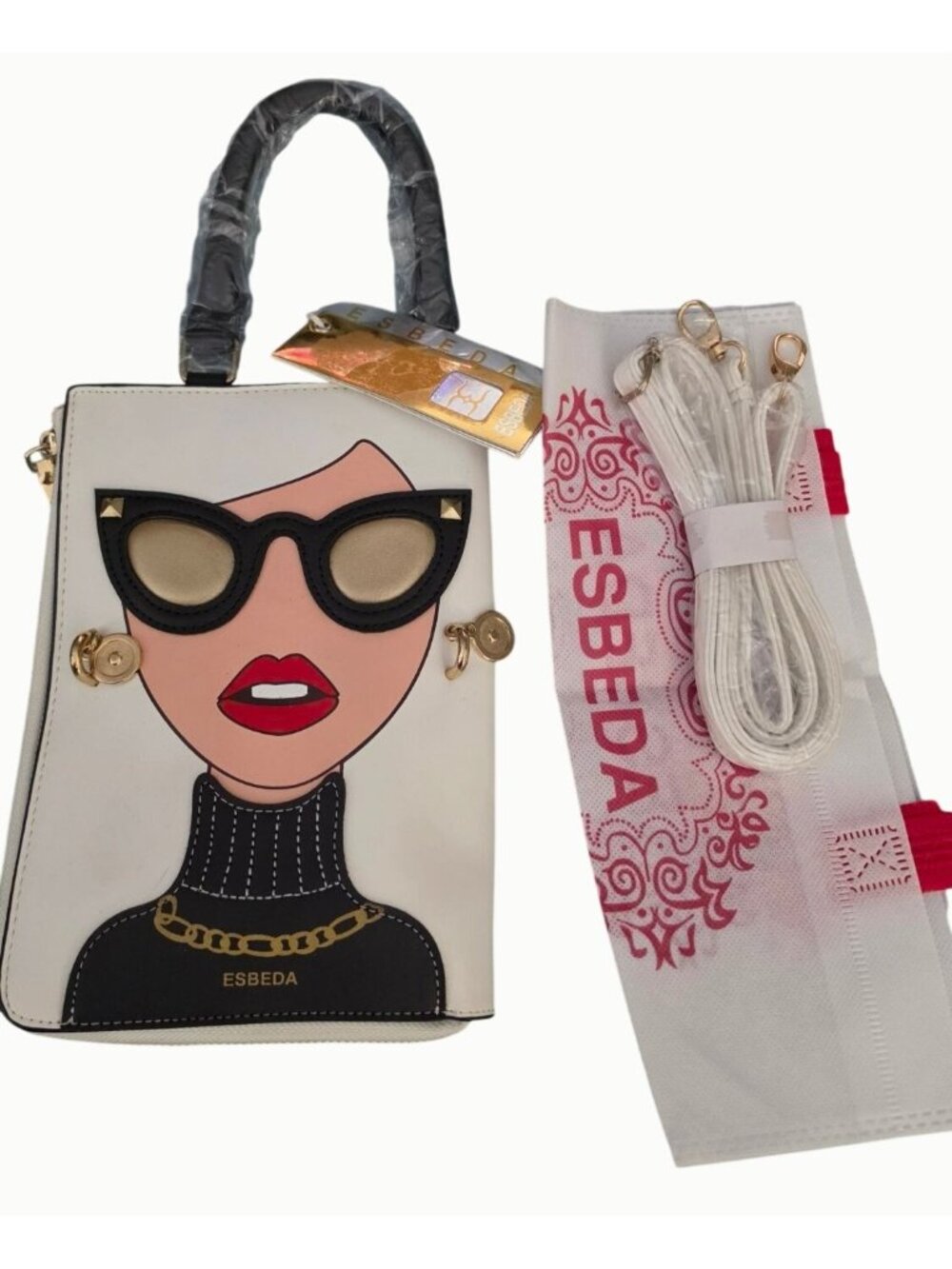NWT ESBEDA Novelty Face Handbag White Sunglasses Red Lips Convertible Bag